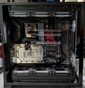 A custom open loop water cooling seen on the computer